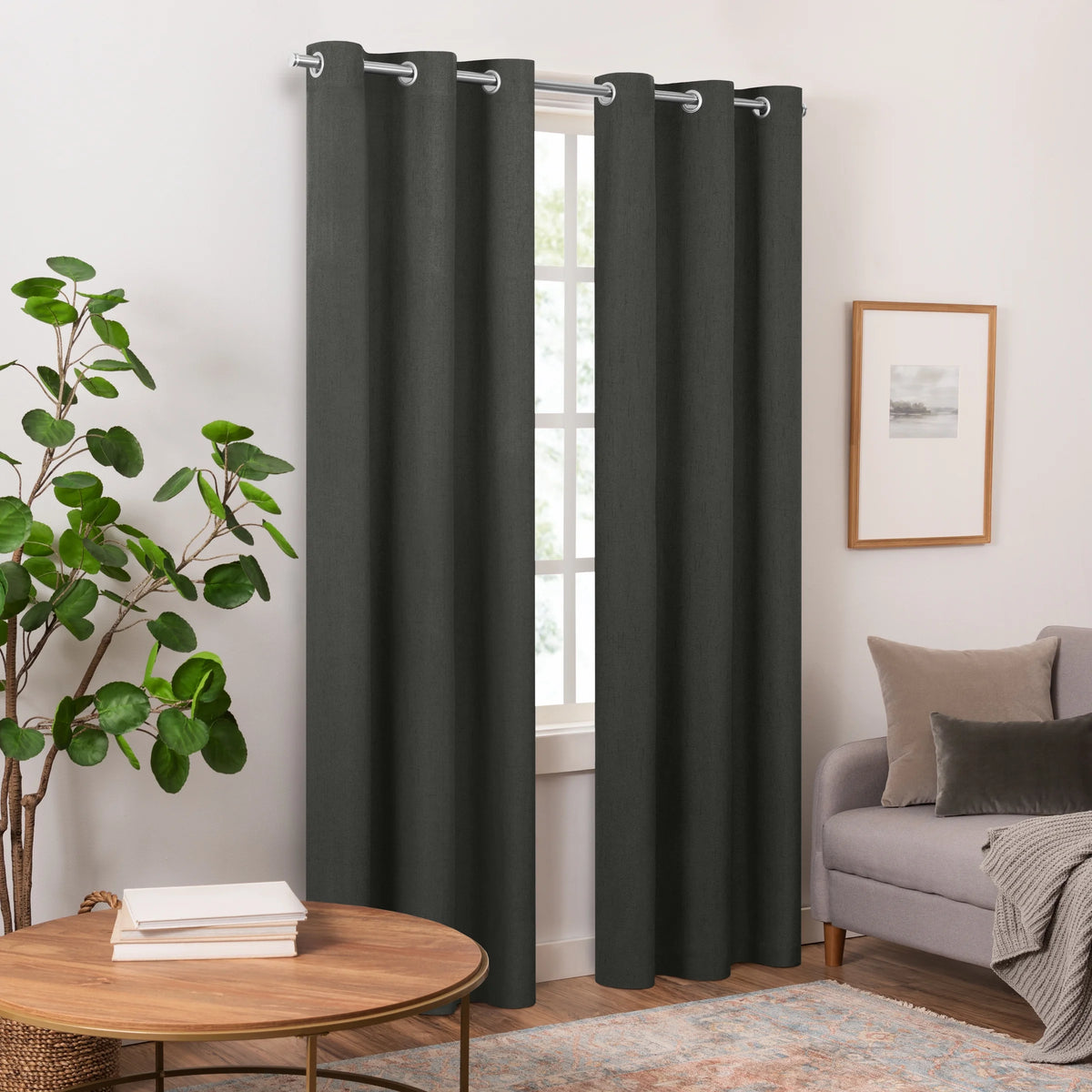 100% Blackout Faux Linen Grommet Curtains (2 Panels) 63x42 Charcoal Y337