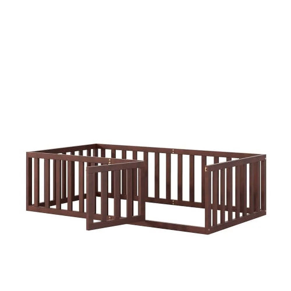Twin Size Solid Wood Floor Bed Frame with Fence and Door K40139