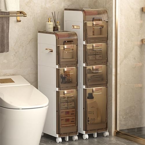Narrow Bathroom Floor Storage Cabinet with Multi-layer Drawers Universal Wheels, Tall Slim Storage Unit Free Standing Storage Cabinet I926