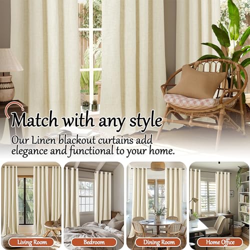 Cream 100% Blackout Faux Linen Curtains 84 Inch Length 2 Panels Set H119674