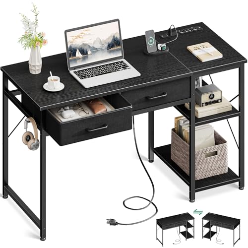 40 Inch White Small Computer Desk With Drawers & Power Outlet W5703