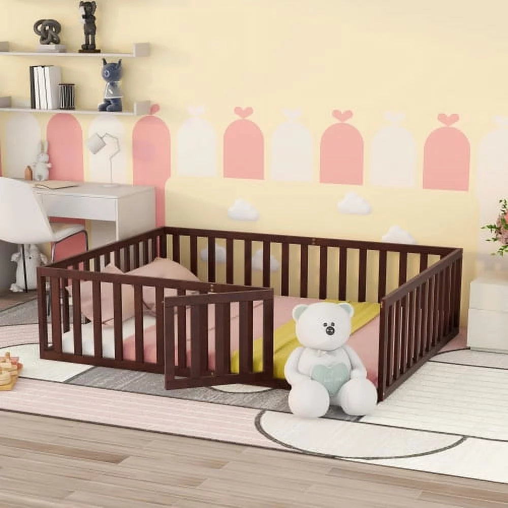 Twin Size Solid Wood Floor Bed Frame with Fence and Door K40139