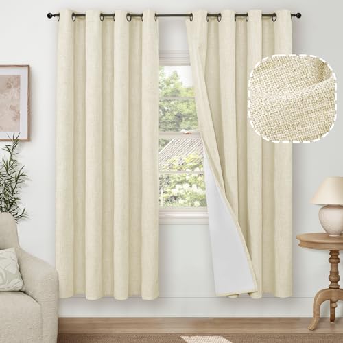 Cream 100% Blackout Faux Linen Curtains 84 Inch Length 2 Panels Set H119674