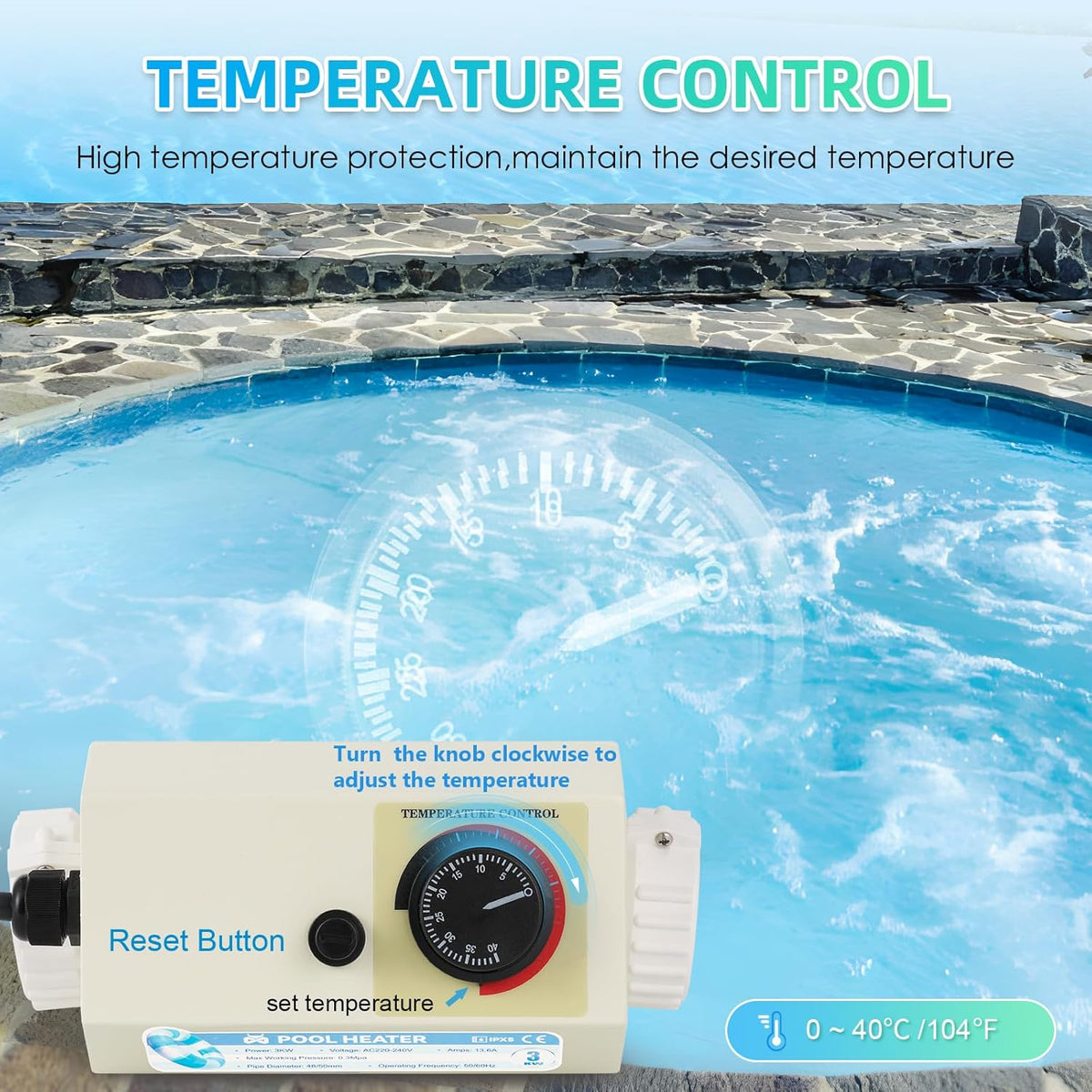 3KW 220V Electric Pool Heater with Adjustable Temperature Control T64189
