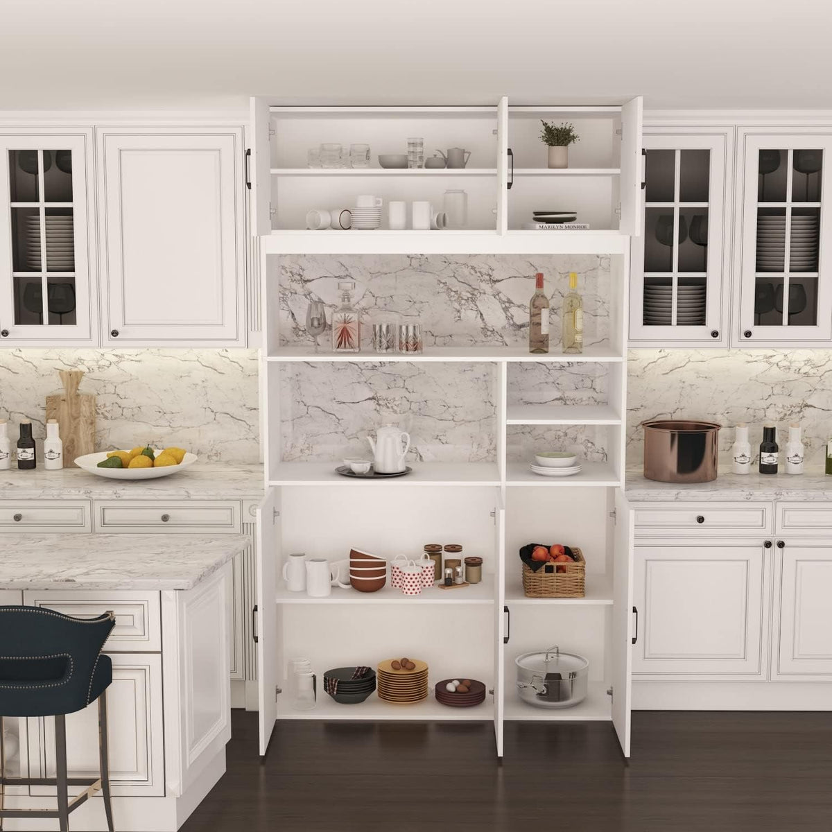 White Wood Kitchen Pantry Storage Cabinets with Hutch Buffet M439