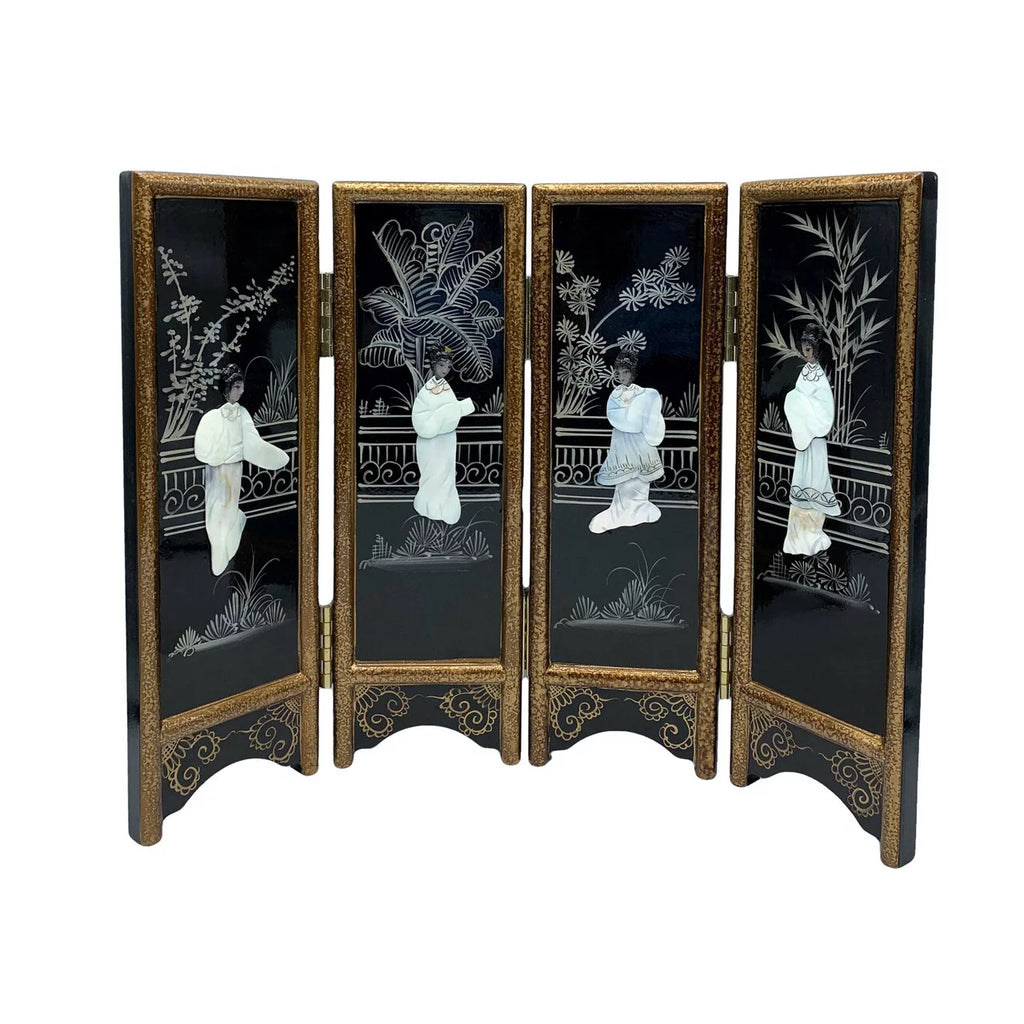 14" Hand Painted Black Lacquer with Mother of Pearl Folding Screen T6939