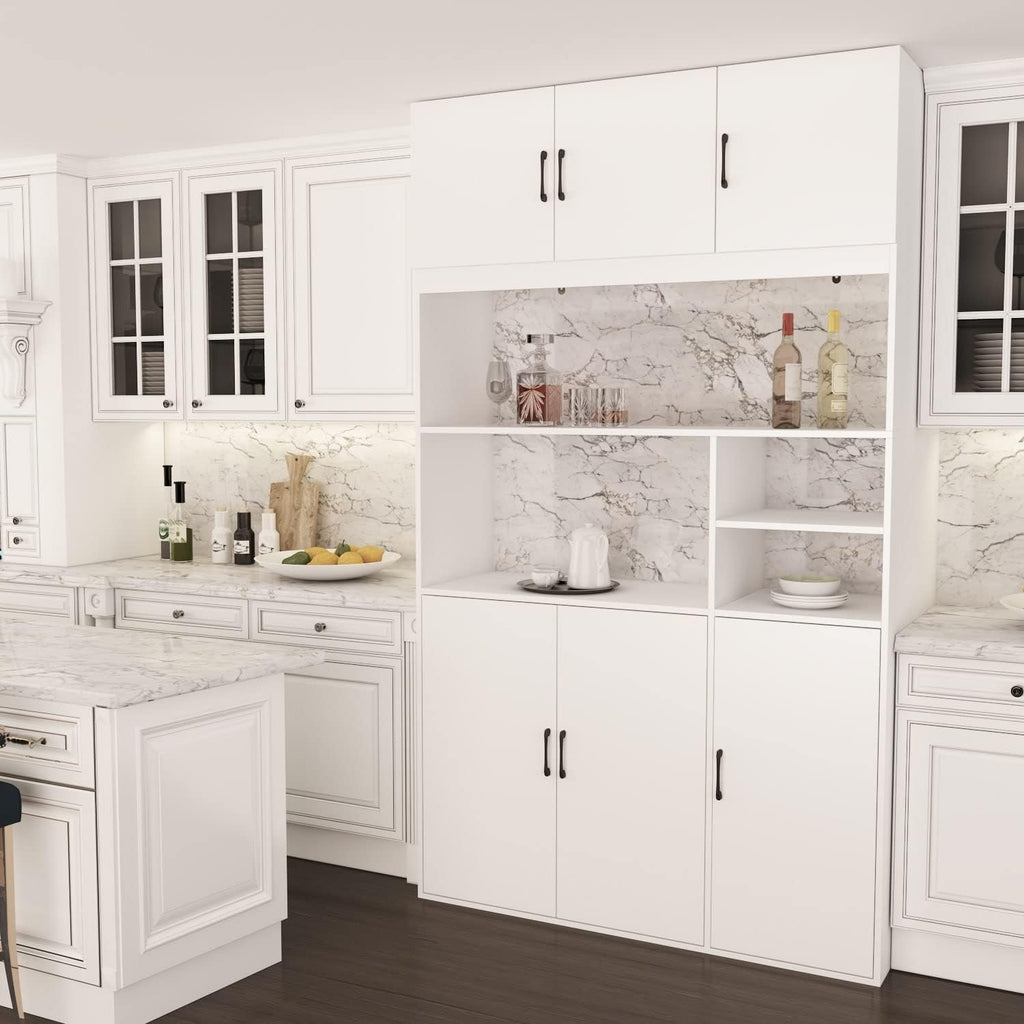 White Wood Kitchen Pantry Storage Cabinets with Hutch Buffet M439
