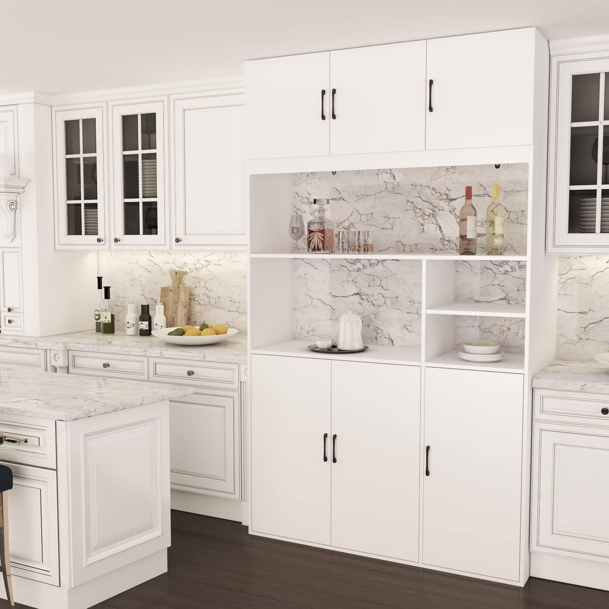 White Wood Kitchen Pantry Storage Cabinets with Hutch Buffet M439