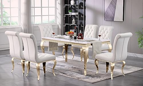 7 Piece White Velvet Dining Table Set J72166