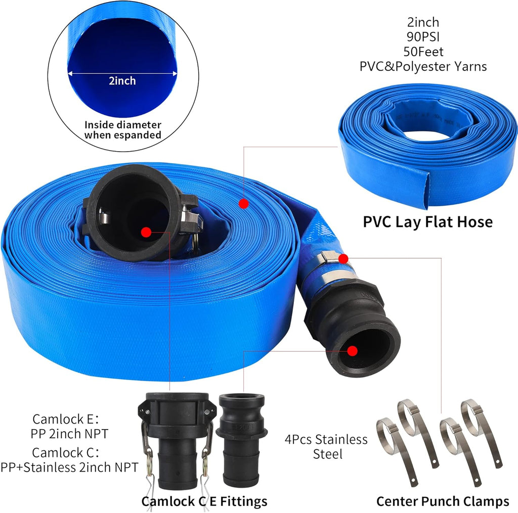 Blue 50FT PVC Lay Flat Discharge Hose with Camlock Fittings T107837