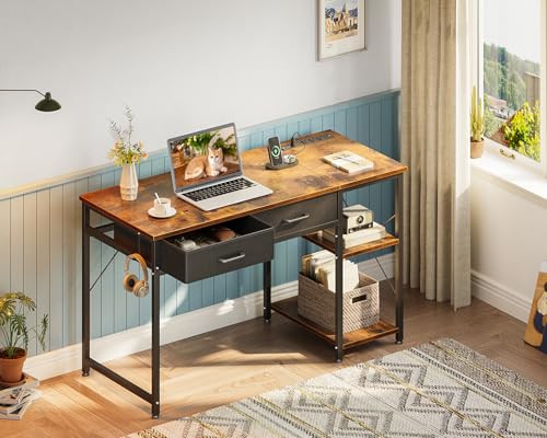 40 Inch White Small Computer Desk With Drawers & Power Outlet W5703