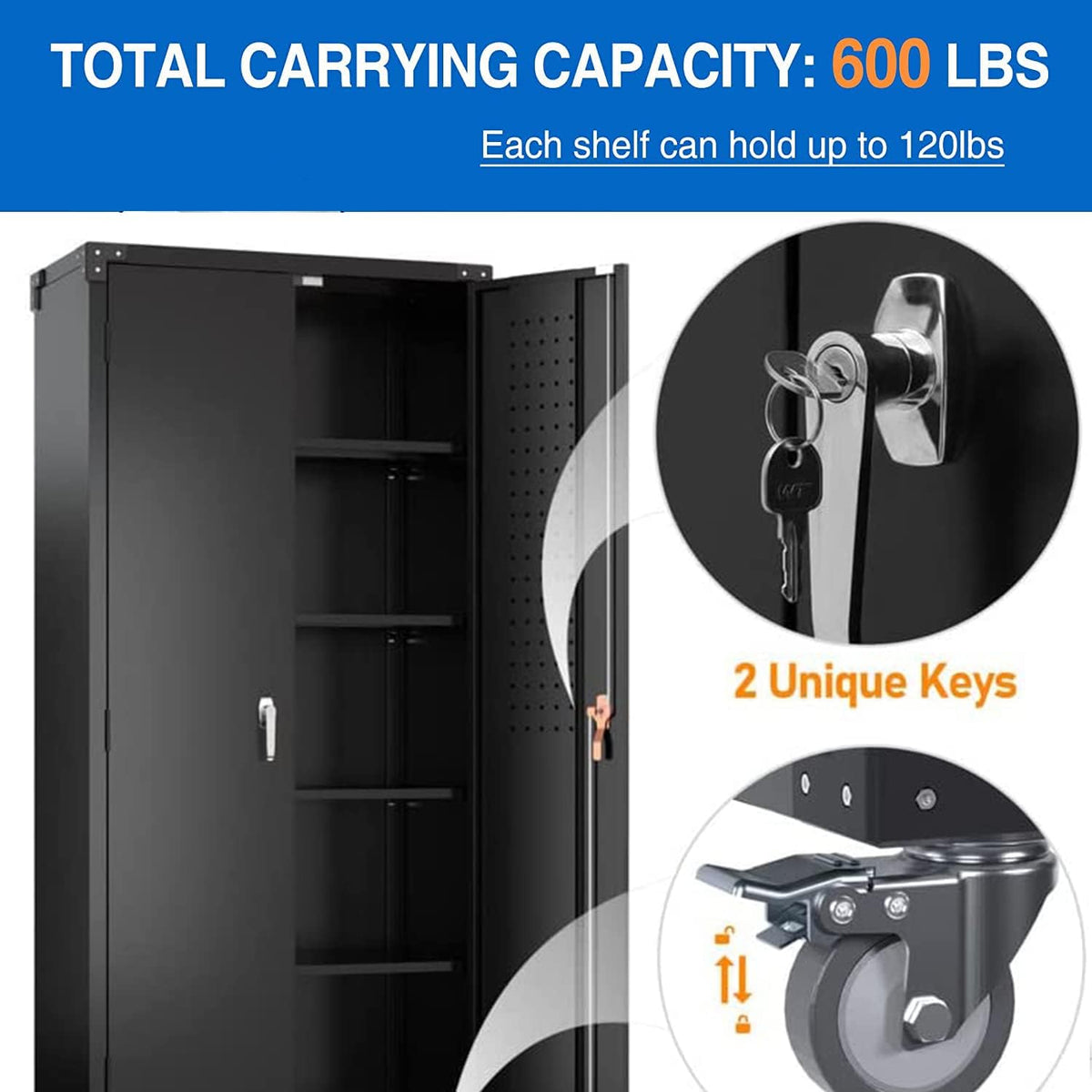 72" Steel Storage Cabinet with 2 Locking Doors and 4 Adjustable Shelves (Black) X6906