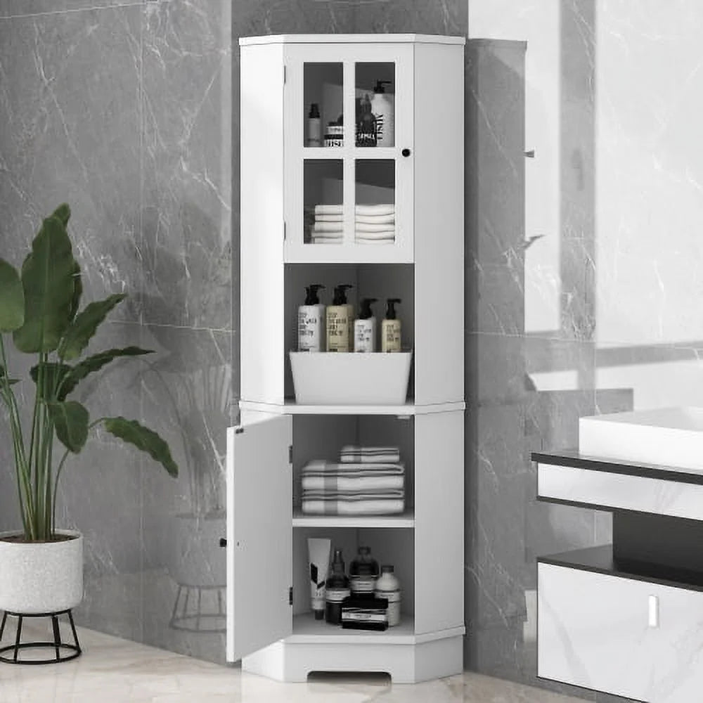 White Tall Bathroom Storage Cabinet with Glass Door R547845