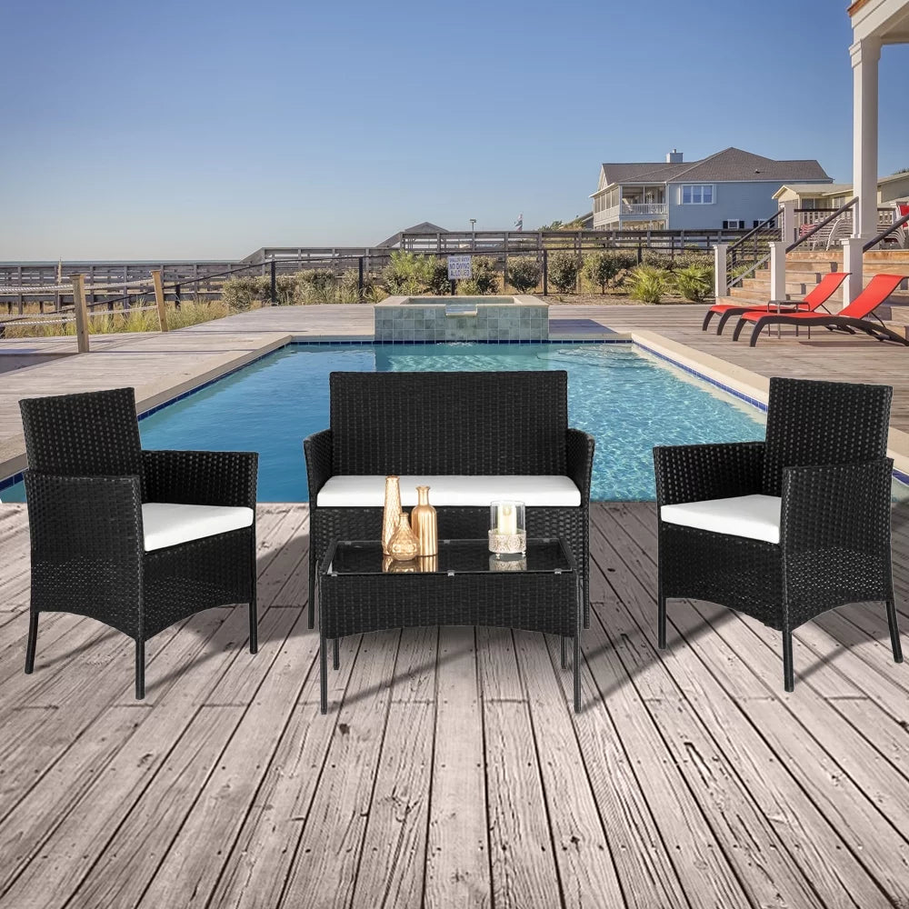 4 Pcs Black Rattan Wicker Patio Conversation Set with Tempered Glass Table S93765