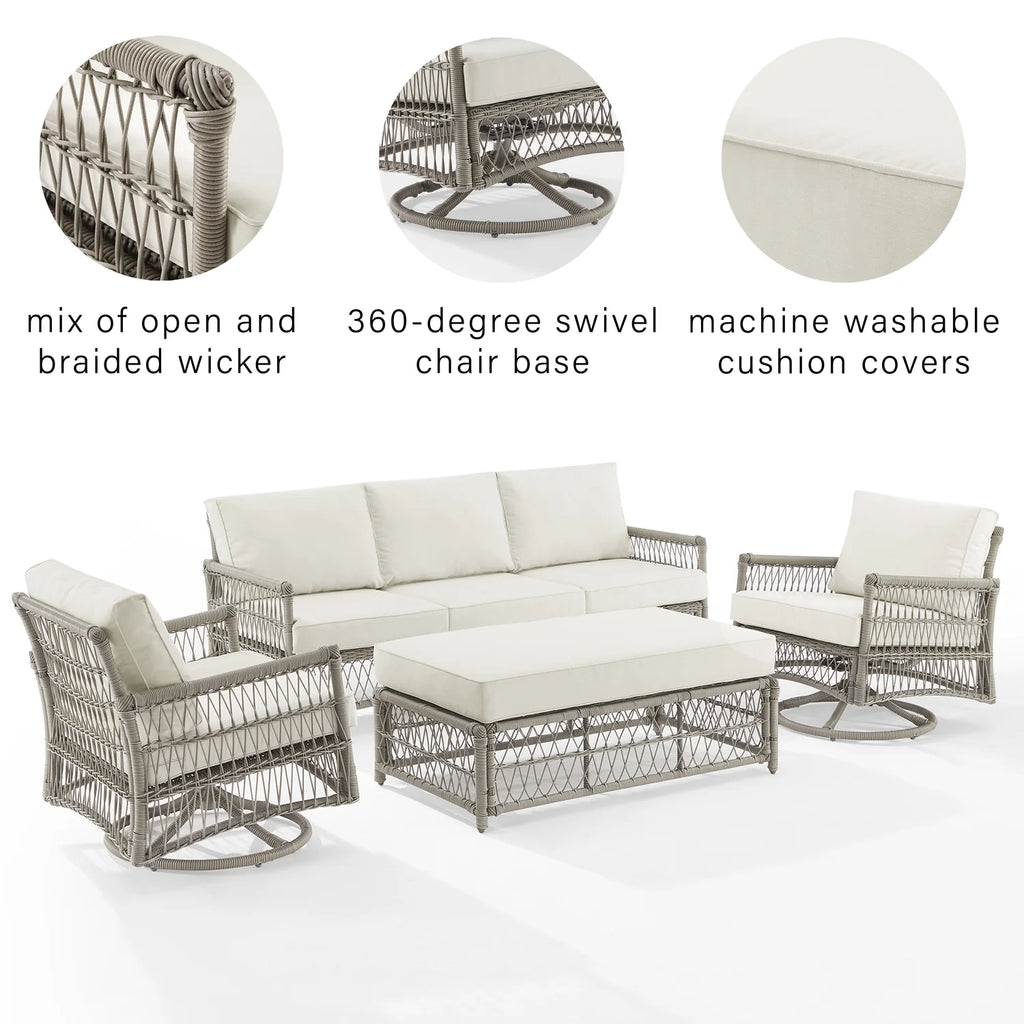 4Pc Outdoor Wicker Swivel Rocker And Sofa Set Creme/Driftwood M4965