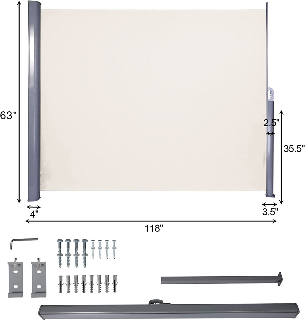 Retractable Side Awning, Waterproof All-Aluminum Screen 118" Lx63" H O18278