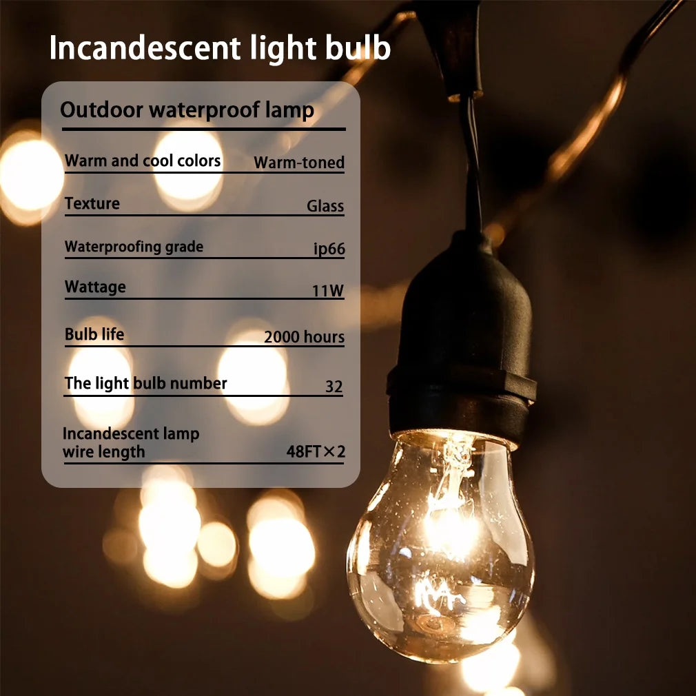 2 Pack Outdoor String Lights LED 48 FT 15 Sockets Weatherproof Edison Vintage Bulbs M58625