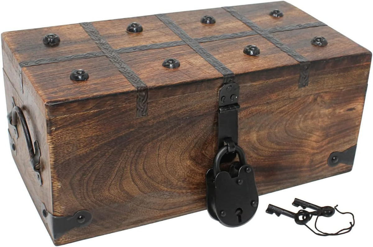 Treasure Chest Wooden Box with Antique Iron Lock and Skeleton Key W5908