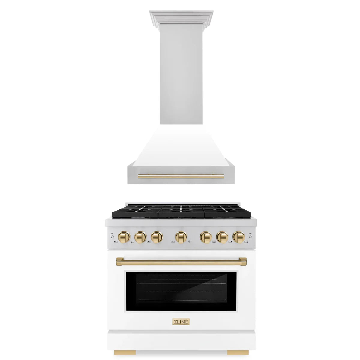 36 In. Gas Range and Range Hood with White Matte Door and Gold Accents H7242
