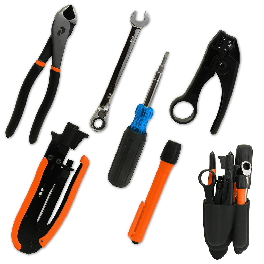 Coax Tool Kit with Crimper, Cable Stripper, Flashlight, Multi-Tool, Pliers, Wrench, Grip Pack W23446