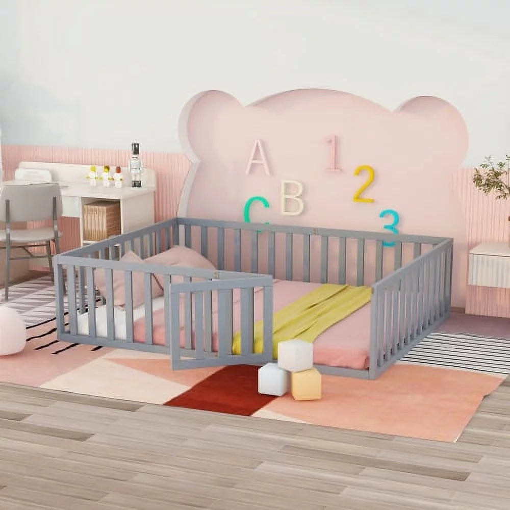 Twin Size Solid Wood Floor Bed Frame with Fence and Door K40139