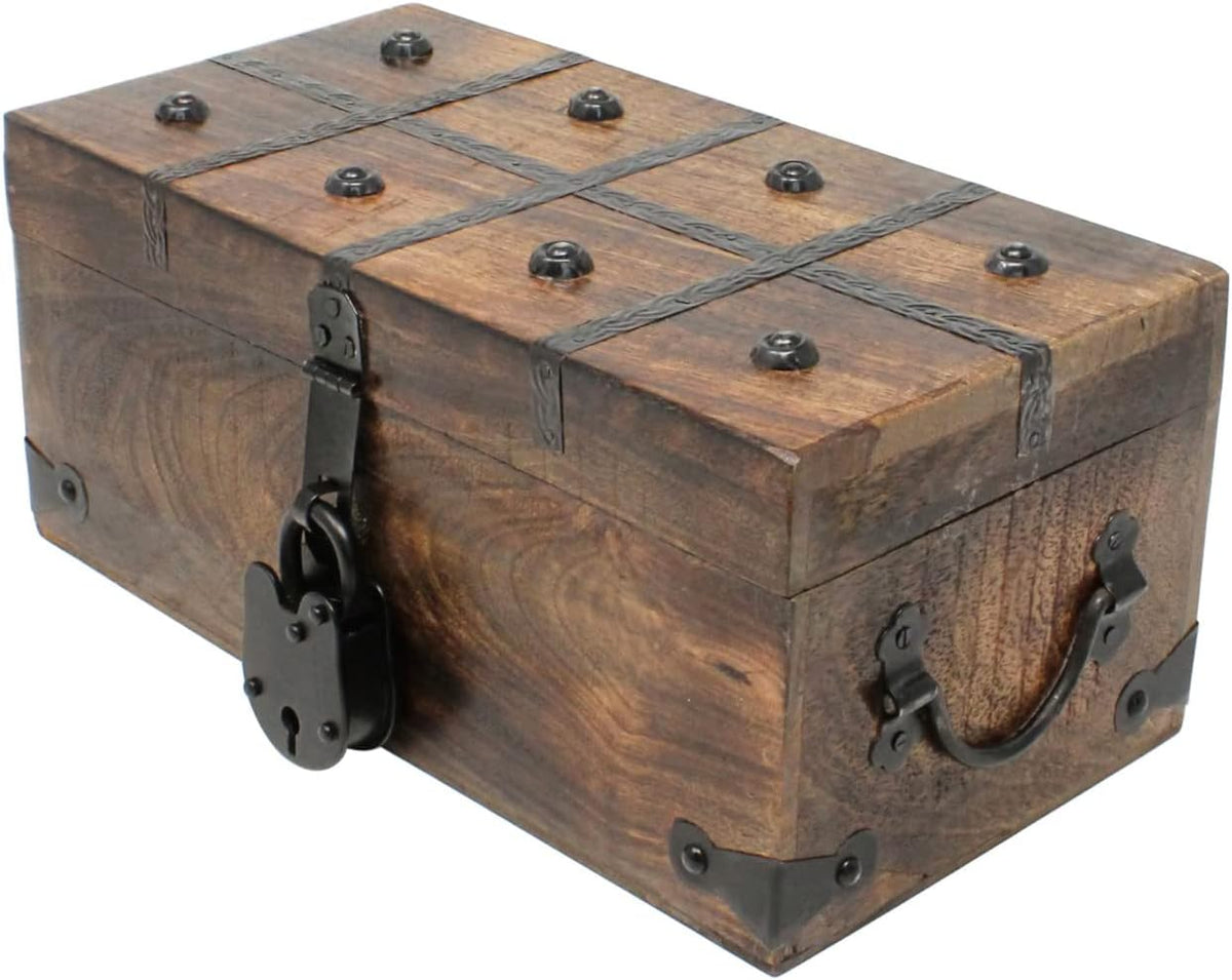 Treasure Chest Wooden Box with Antique Iron Lock and Skeleton Key W5908