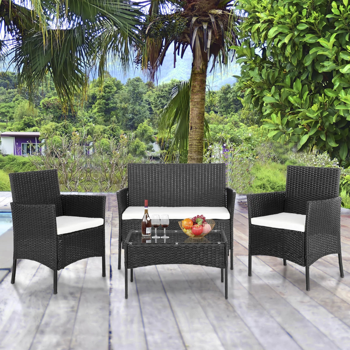 4 Pcs Black Rattan Wicker Patio Conversation Set with Tempered Glass Table S93765