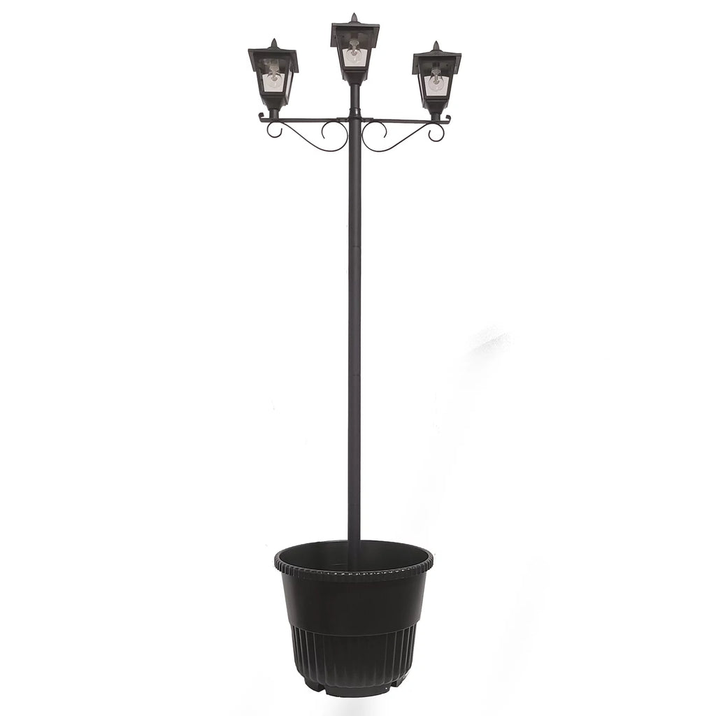 Black Triple Head Solar Lamp and Post Set with Round Planter C783