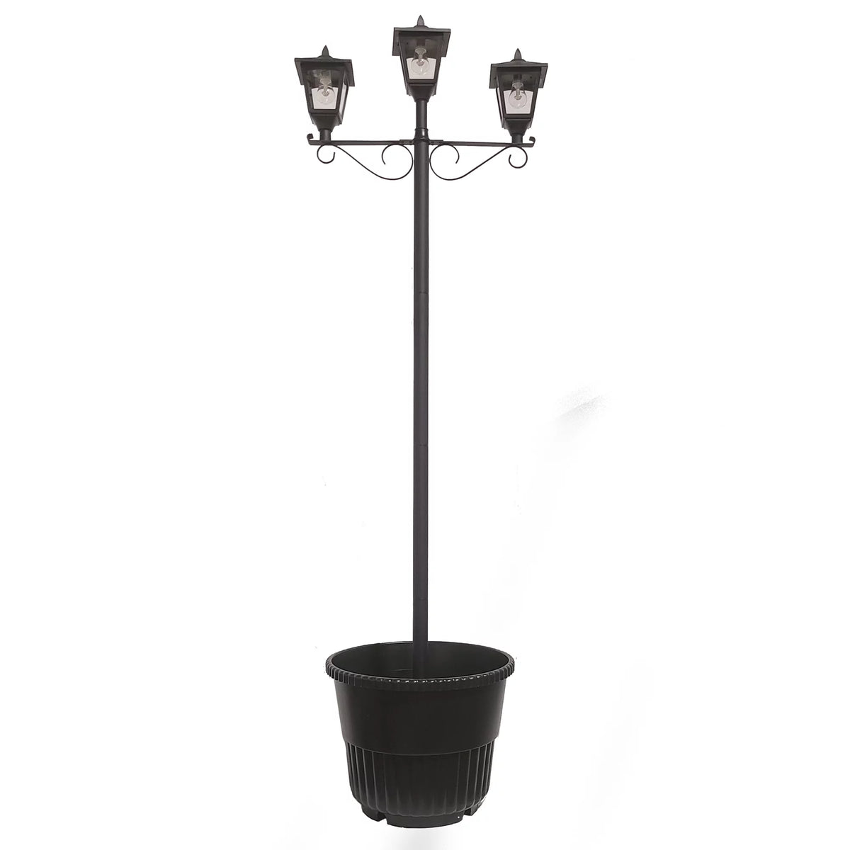 Black Triple Head Solar Lamp and Post Set with Round Planter C783