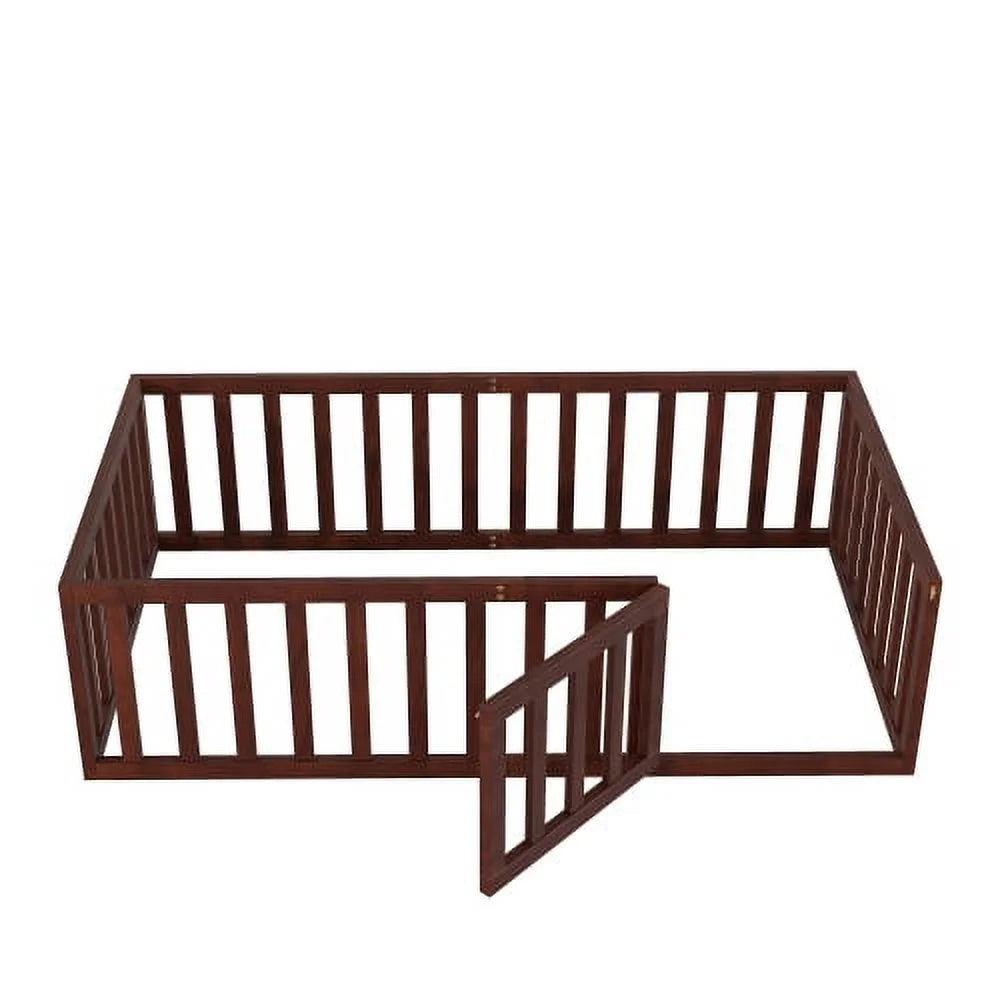 Twin Size Solid Wood Floor Bed Frame with Fence and Door K40139