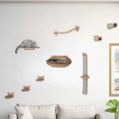 9 Piece Rubber Wood Cat Wall Shelves & Furniture Set X74955