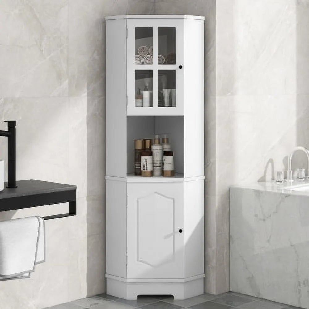 White Tall Bathroom Storage Cabinet with Glass Door R547845