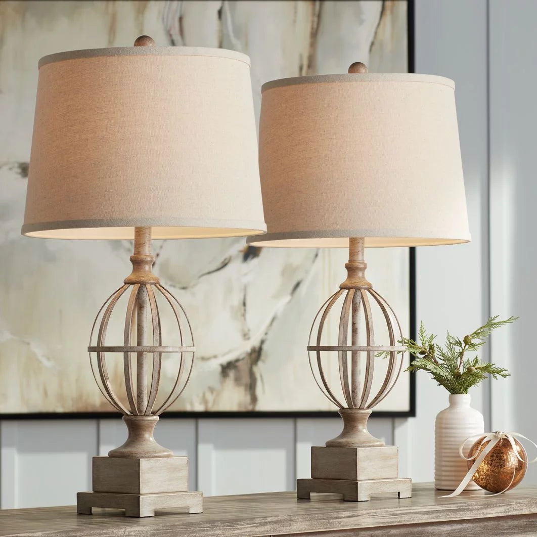 Country Cottage Table Lamps Set of 2 Light Oak Orb Cage Oatmeal Drum Shade B542126