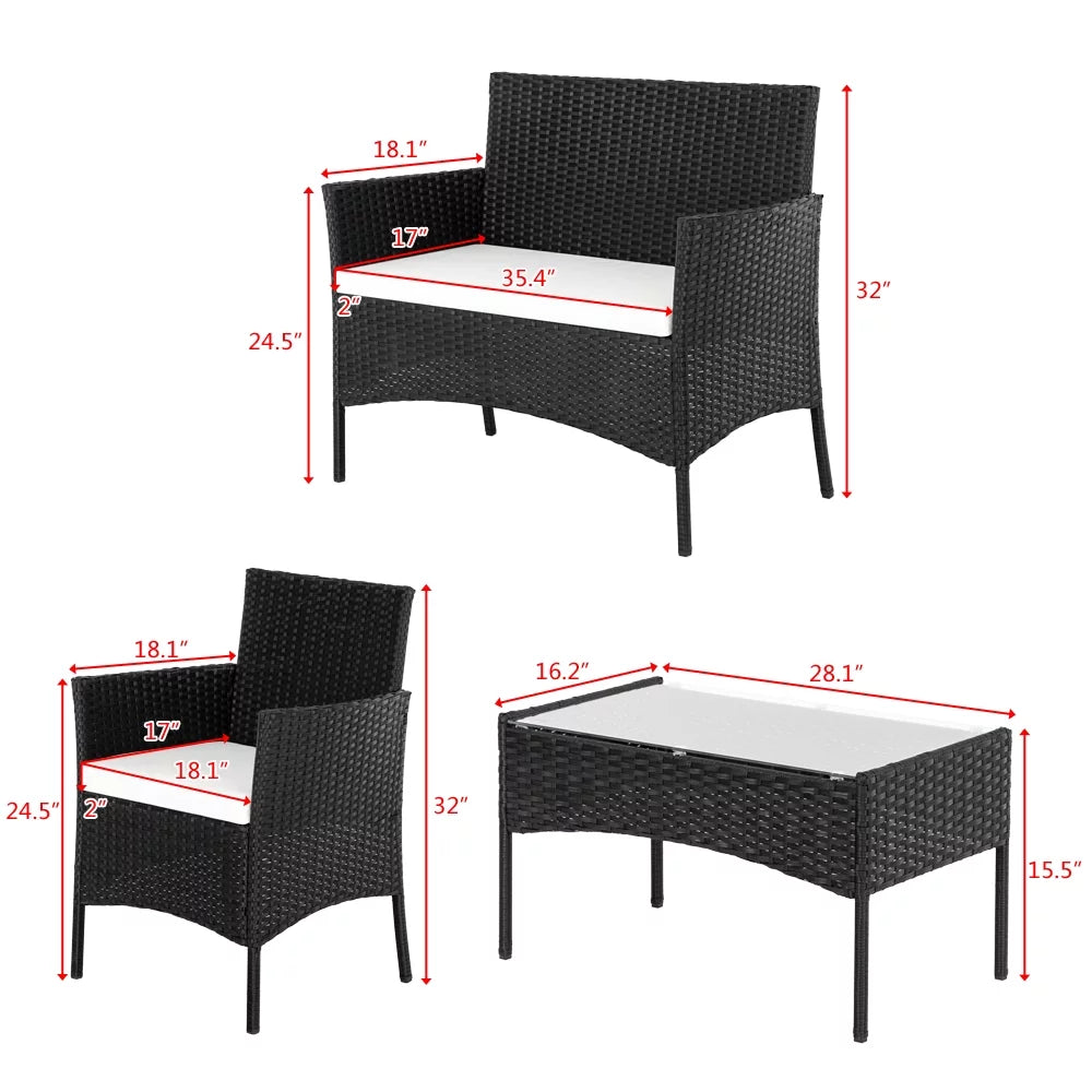 4 Pcs Black Rattan Wicker Patio Conversation Set with Tempered Glass Table S93765