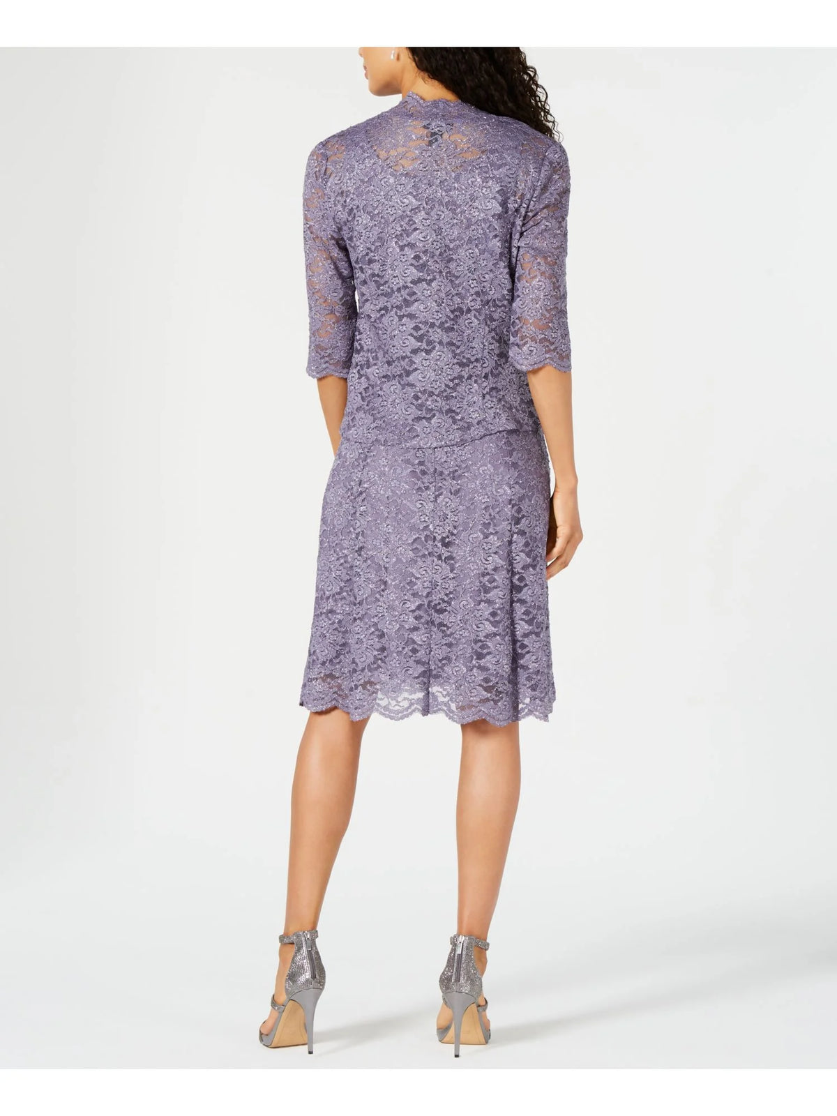 Purple Lace Glitter 3/4 Sleeve Scoop Neck Party Blouson Dress Z639