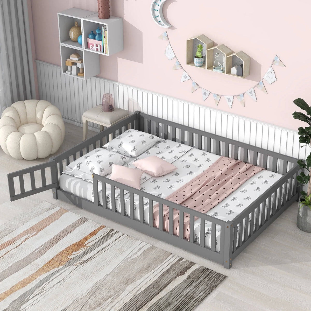 Gray Full Size Wood Platform Bed with Fence and Door G169955