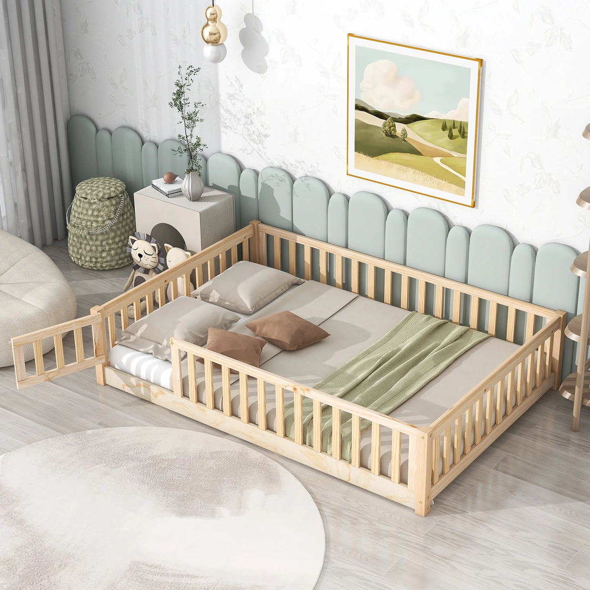 Gray Full Size Wood Platform Bed with Fence and Door G169955