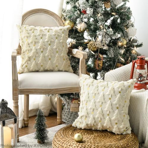 Christmas Tree Green Throw Pillow Cover Set of 2, 18 x 18 Inch Plush Faux Fur Jacquard H276