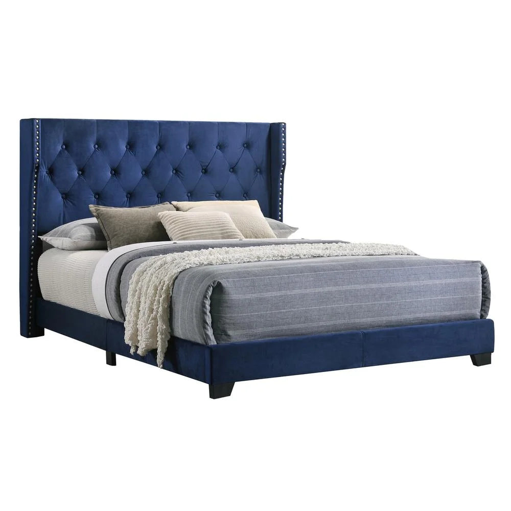 Navy Blue Velvet Tufted Full Size Bed Y435175