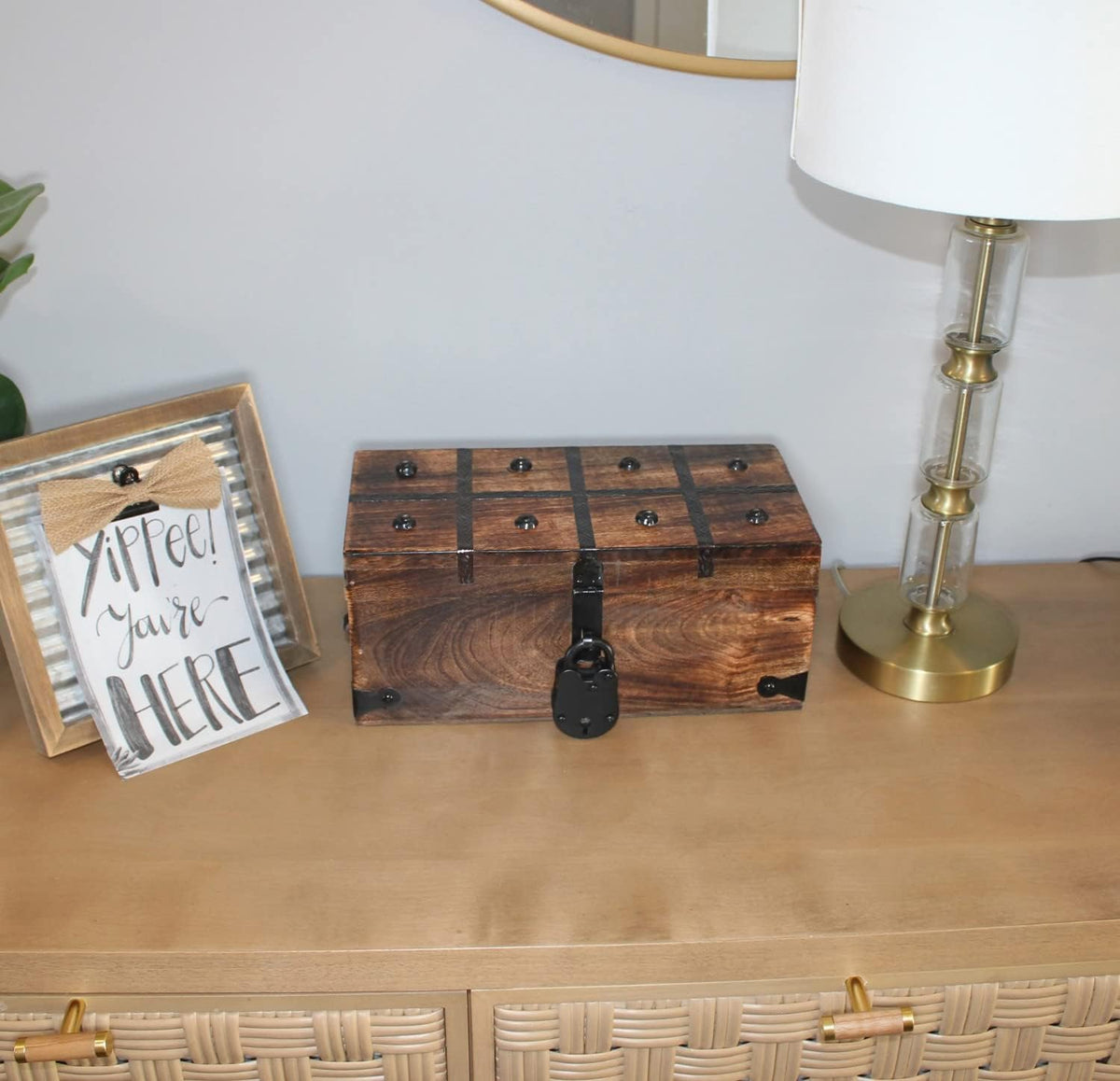 Treasure Chest Wooden Box with Antique Iron Lock and Skeleton Key W5908