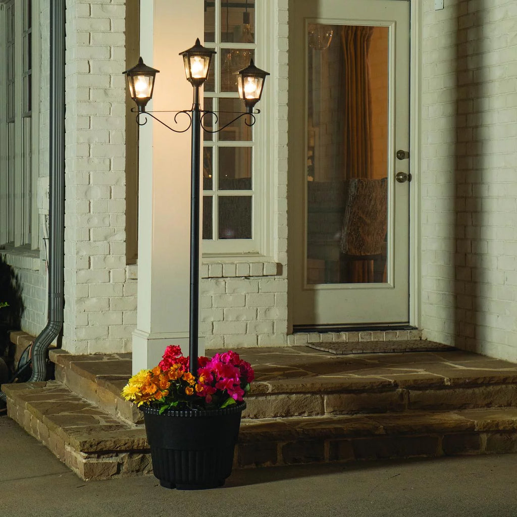 Black Triple Head Solar Lamp and Post Set with Round Planter C783